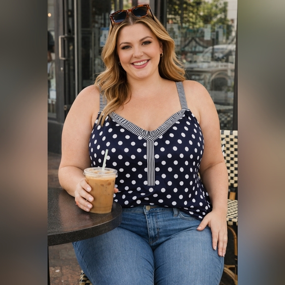 Cato Tops - Coastal Chic Polka Dot Tank Top Plus 18/20W Summer Blouse Flowy Navy White